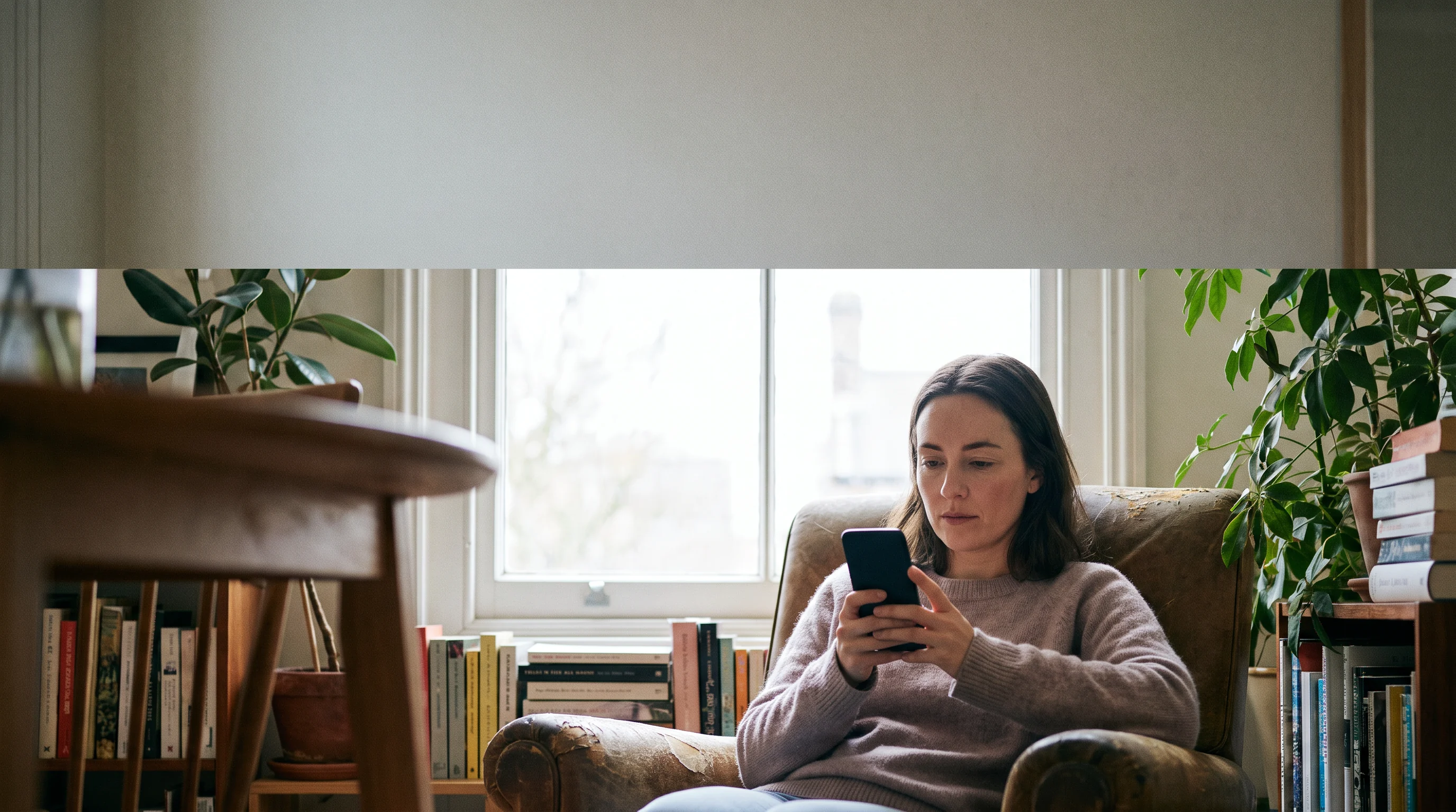 Person quietly considering a phone by a window