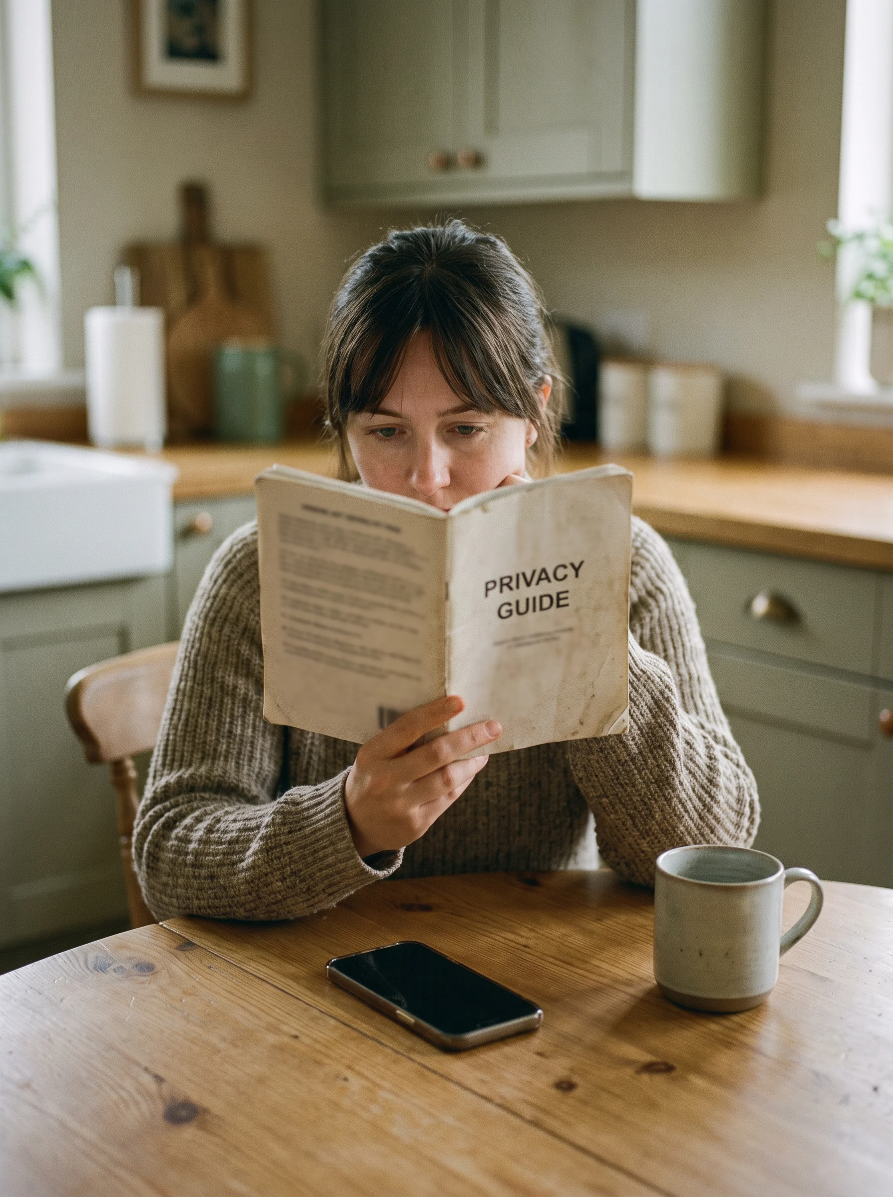 Person reading general privacy guidance at a home table