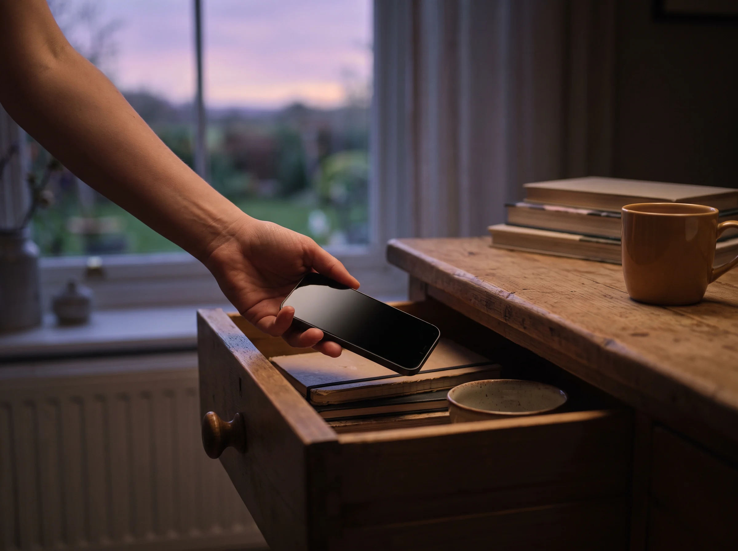 Person putting a phone away before an evening