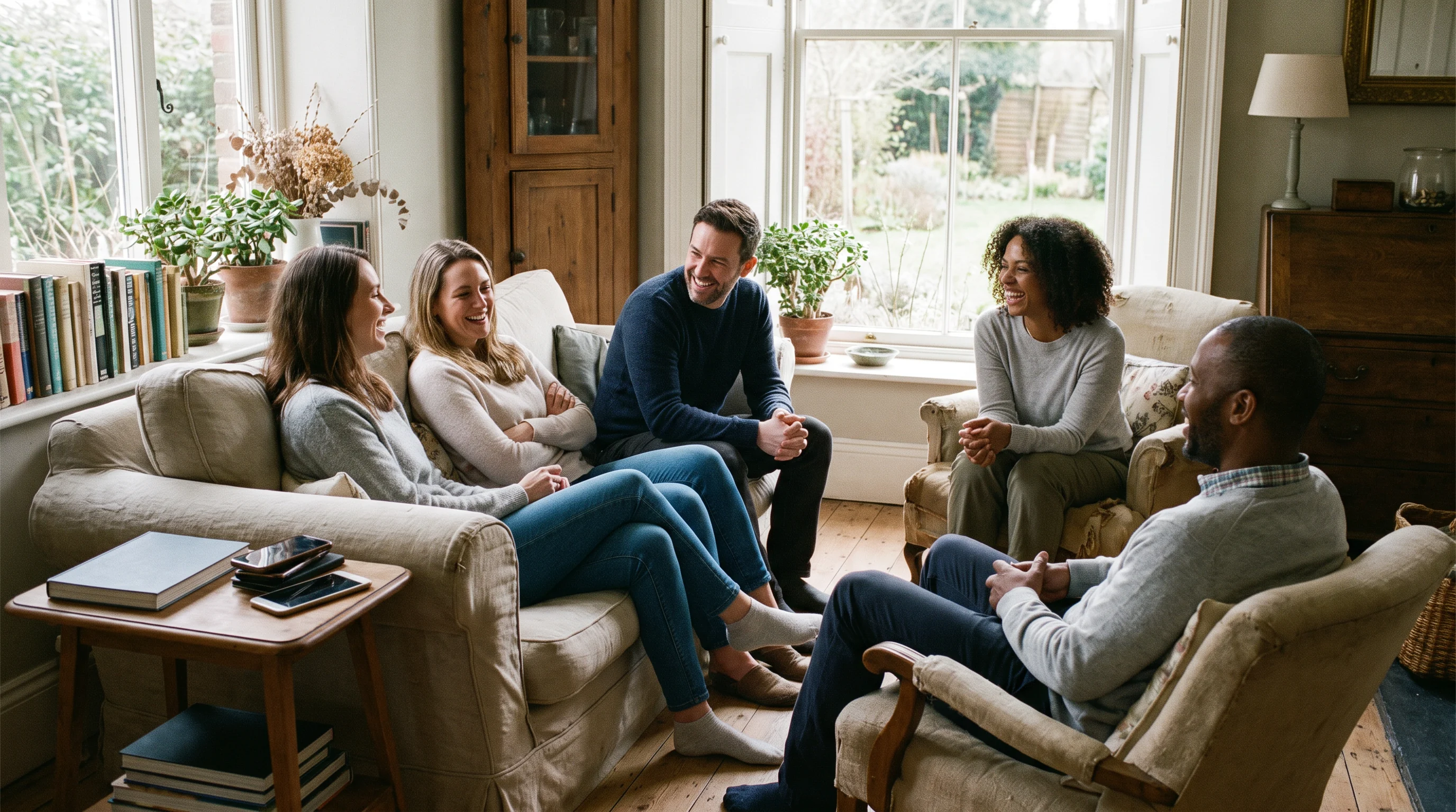 Friends talking comfortably with phones set aside